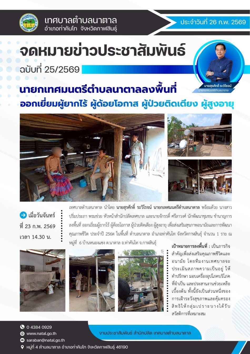 ลงพื้นที่ออกเยี่ยมผู้ยากไร้ ผู้ด้อยโอกาส ผู้ป่วยติดเตียง ผู้สูงอายุ